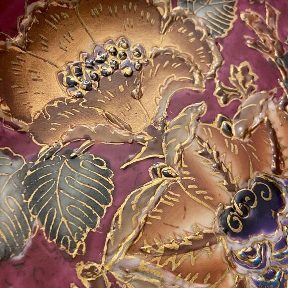 Burgundy Gold Green Floral Decorative Oriental Plate Gold Rim Raised Gold Accent - Picture 5 of 8